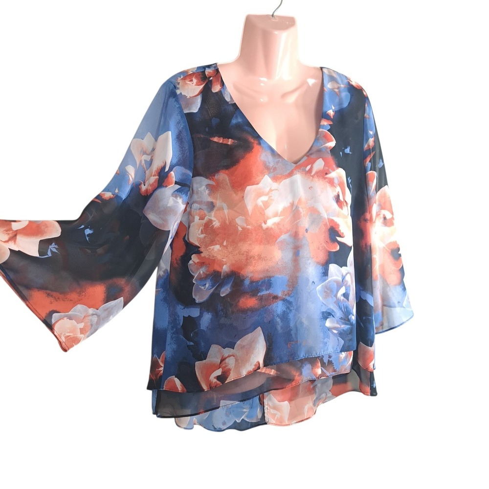 Jennifer Lopez Blouse Size M Multicolor Blouse Floral Print Sheer 3/4 qrt Sleeve